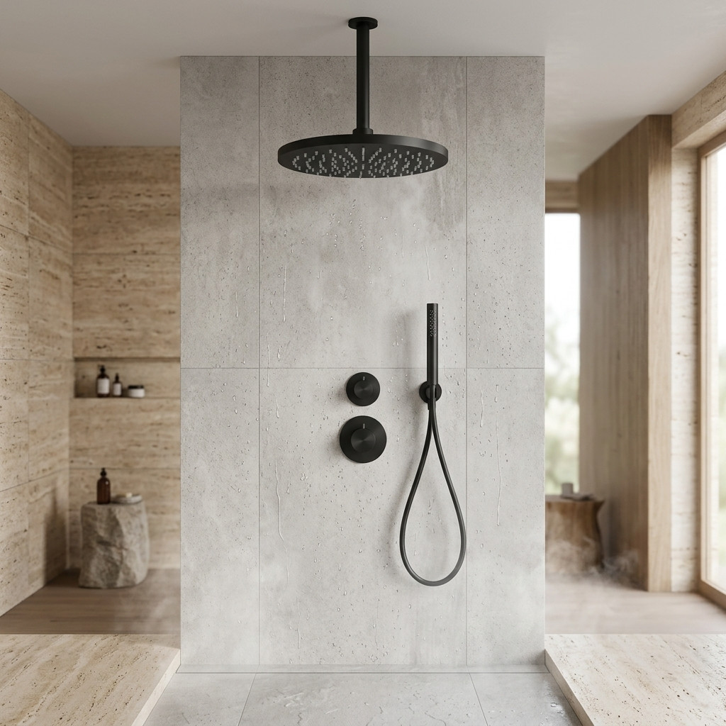 Aquanello Eterna Concealed Thermostatic Shower Set Matte Black with 30 cm Ceiling Arm Rain Showerhead and Handheld Showerhead ET-S-SET4-3-10